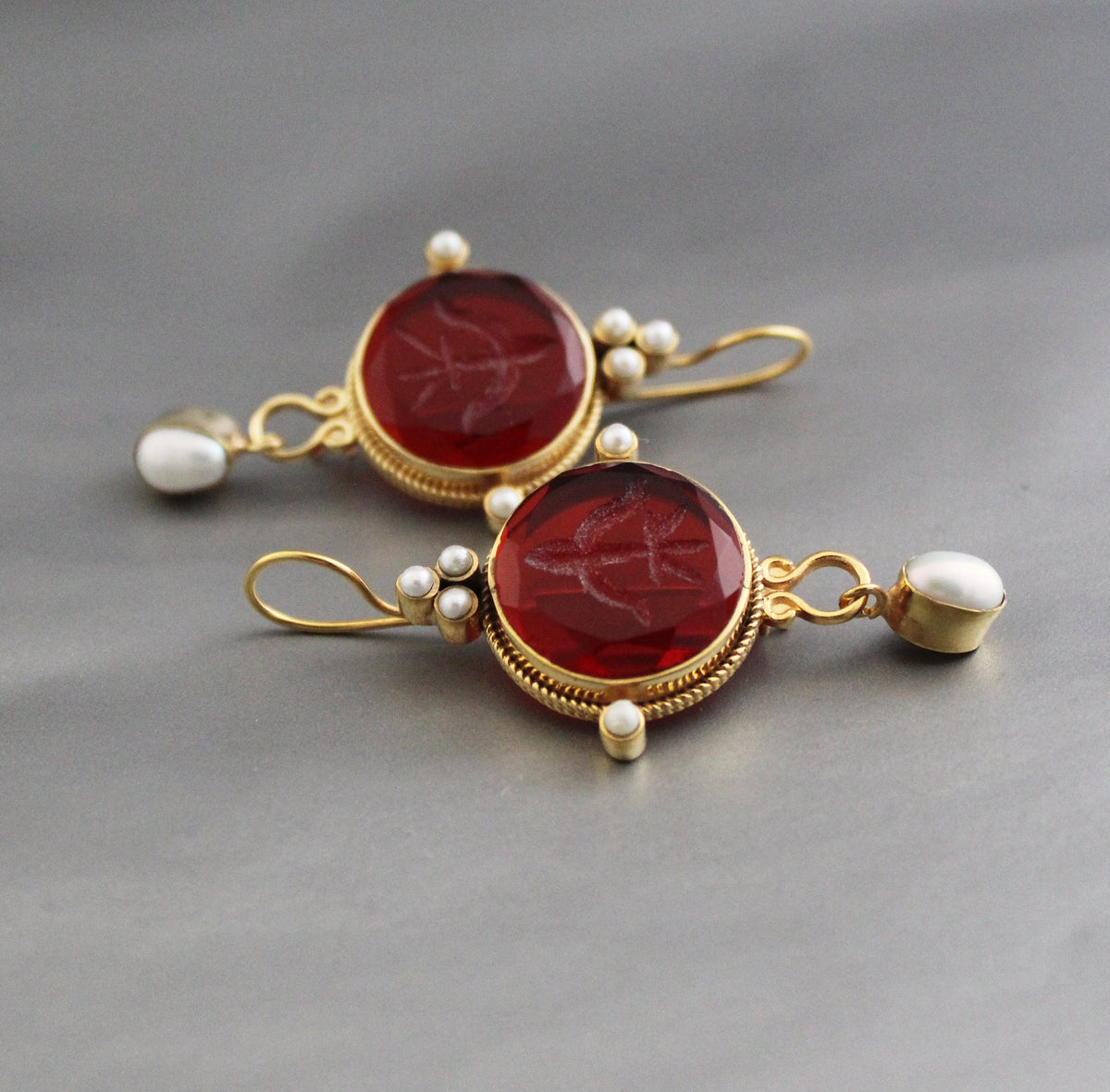 Red Intaglio Crystal Earrings, Vintage Style, 18K Gold Filled, photo 4