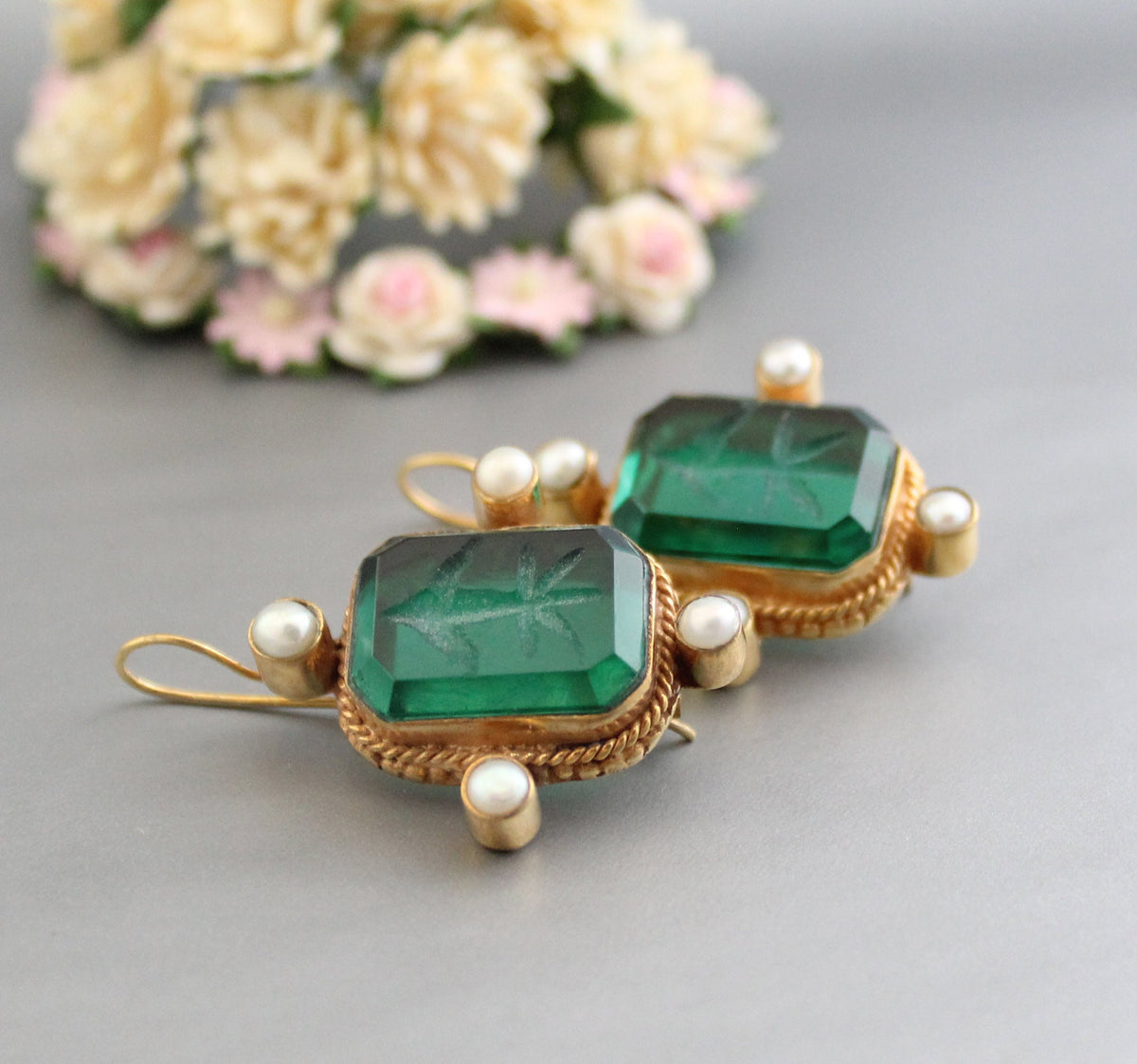 Intaglio Glass Earrings, Art Nouveau Style, Brass and Pearl