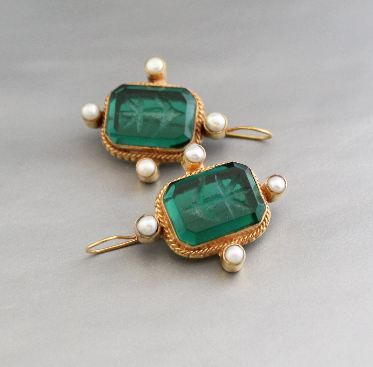 Intaglio Glass Earrings, Art Nouveau Style, Brass and Pearl, photo 6