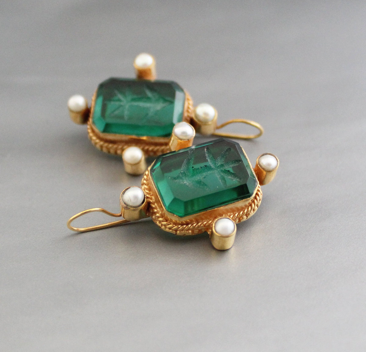 Intaglio Glass Earrings, Art Nouveau Style, Brass and Pearl, photo 7