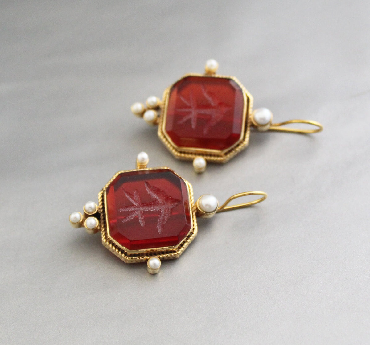 Red Intaglio Crystal Earrings, Victorian Style, 18K Gold, photo 2