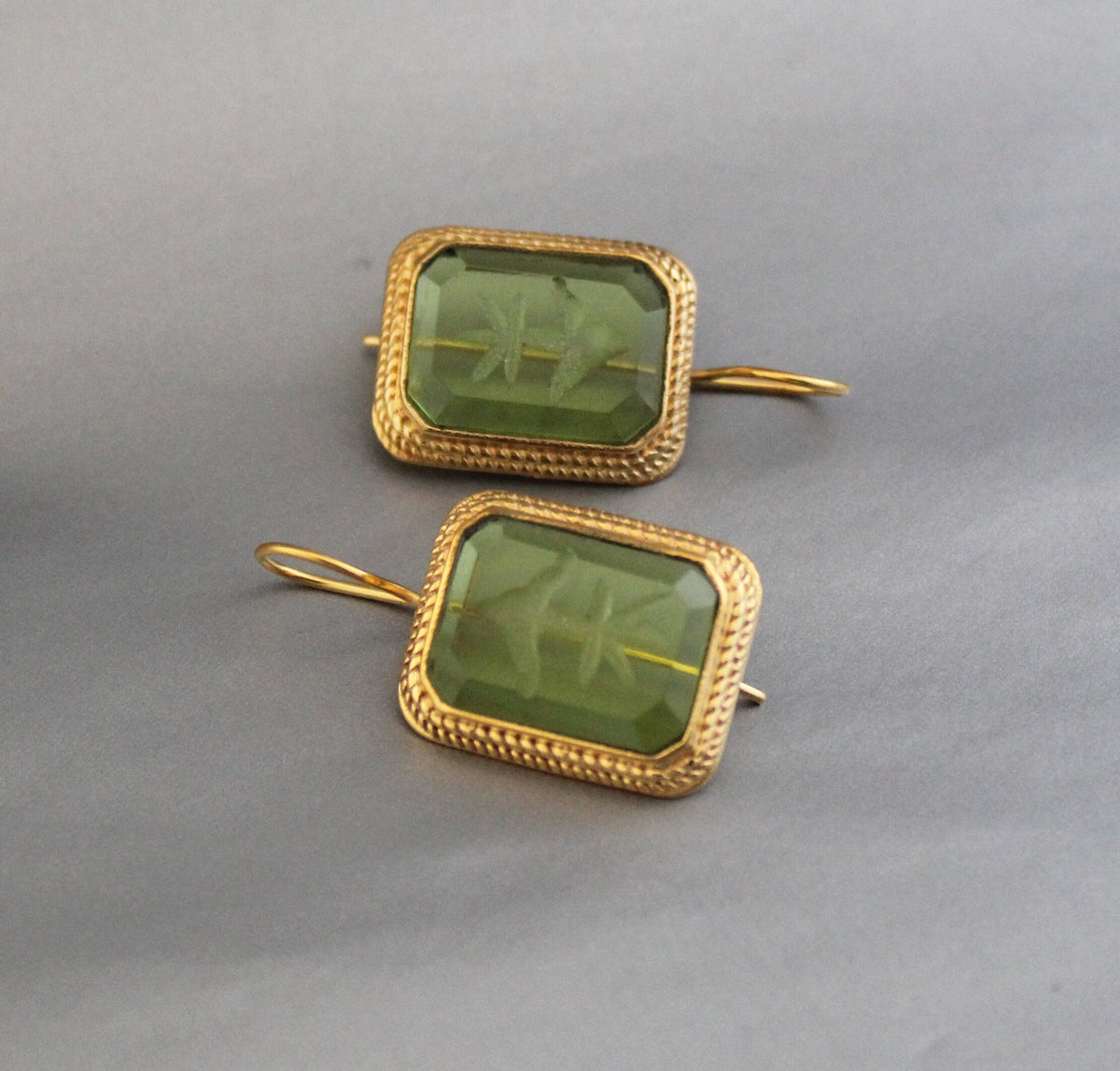 Green Glass Intaglio Earrings, Edwardian Art Deco Style, 18K Gold, photo 5