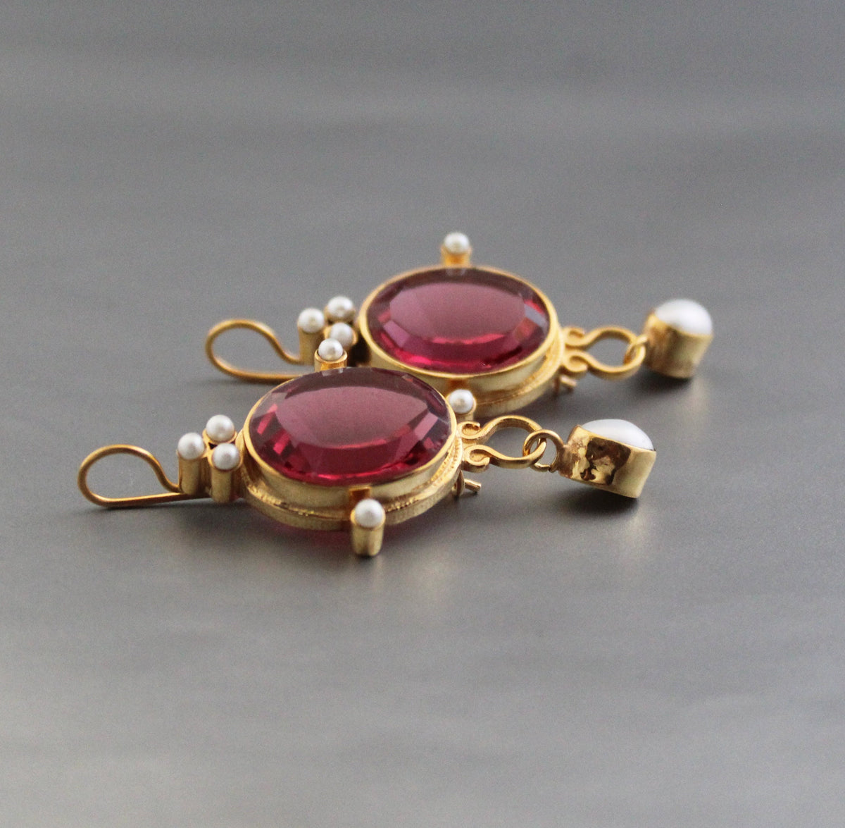 Pink Glass Intaglio Earrings, Victorian Style, 18K Gold, photo 11