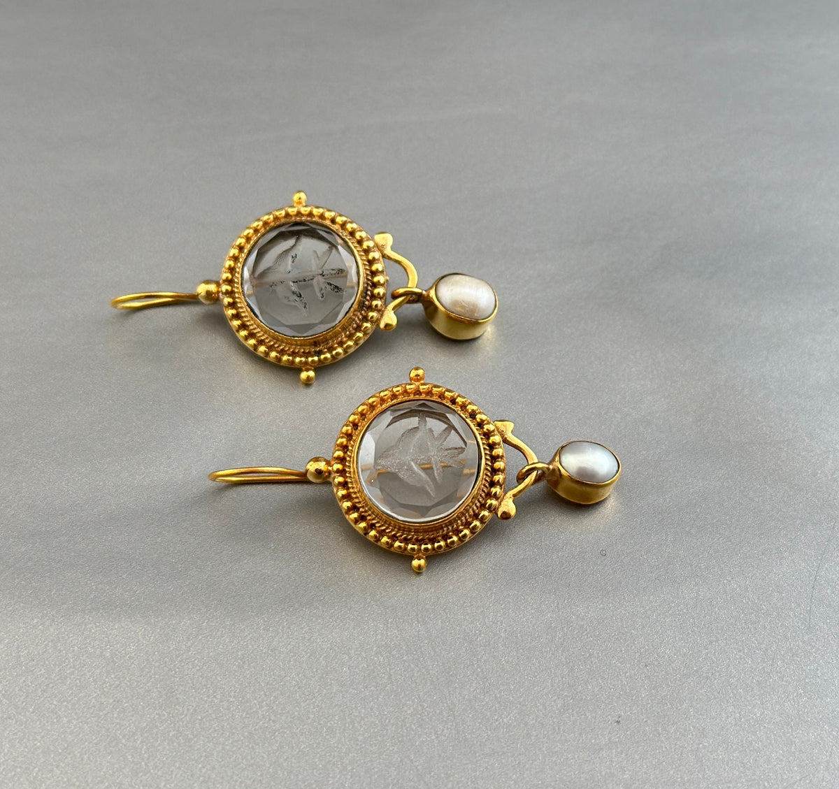 Clear Glass Intaglio Earrings, Victorian Art Deco, Gold with Pearl, photo 4