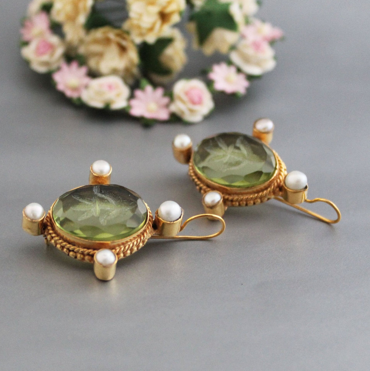 Green Glass Intaglio Pearl Earrings, Victorian Bridal, Gold Vermeil