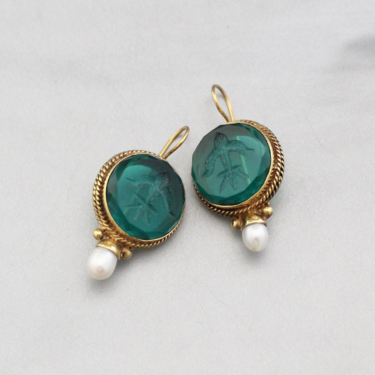 Green Glass Intaglio Earrings, Victorian Brass with Pearl, photo 12