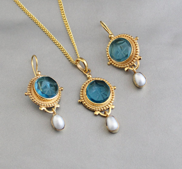Blue Intaglio Necklace and Earrings Set, Victorian Bridal, Gold Plated