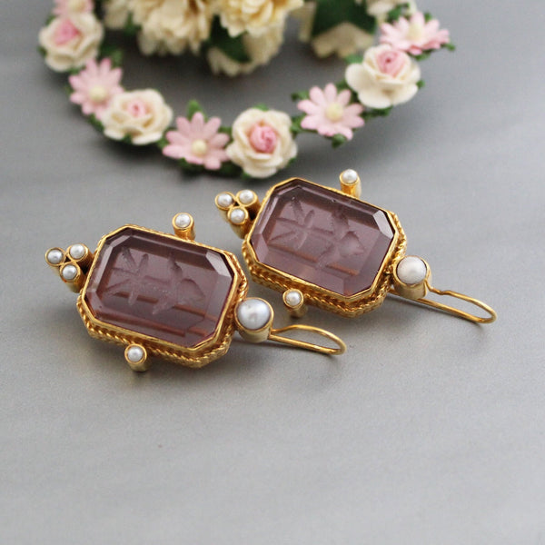 Purple Glass Intaglio Earrings, Art Deco Style, 14K Gold Plated