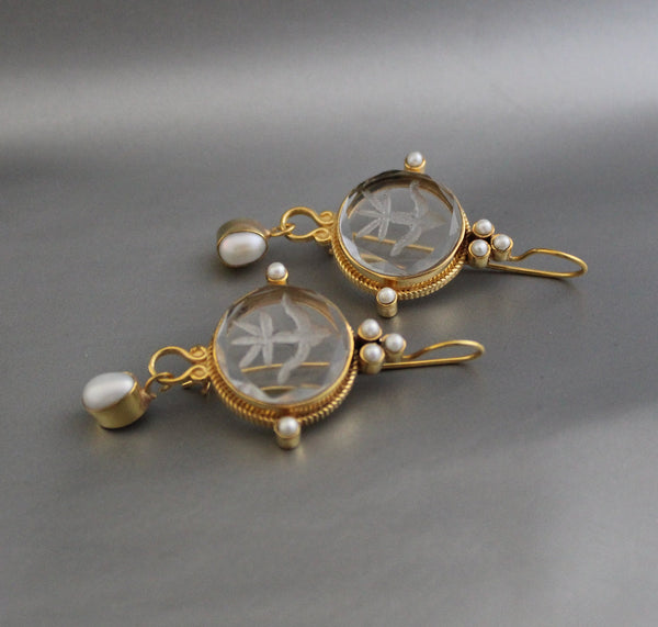 Clear Crystal Intaglio Earrings, Handcrafted Vintage Style