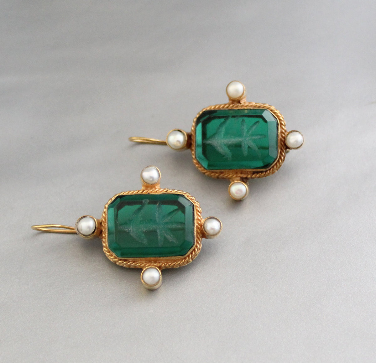 Intaglio Glass Earrings, Art Nouveau Style, Brass and Pearl, photo 8
