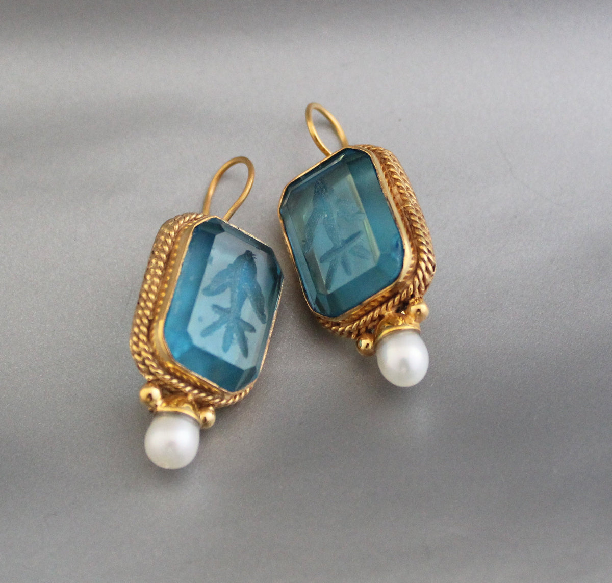 Blue Glass Intaglio Earrings, Victorian Pearl Style, 18K Gold Vermeil, photo 10