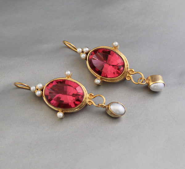 Pink Glass Intaglio Earrings, Victorian Style, 18K Gold