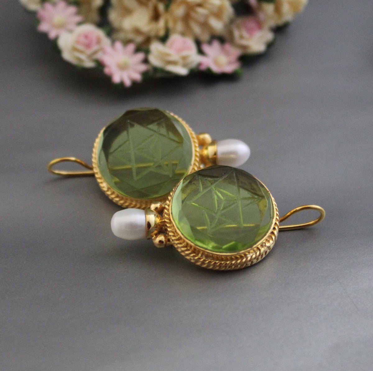 Green Merkaba Intaglio Earrings, Antique Gold Finish, photo 7