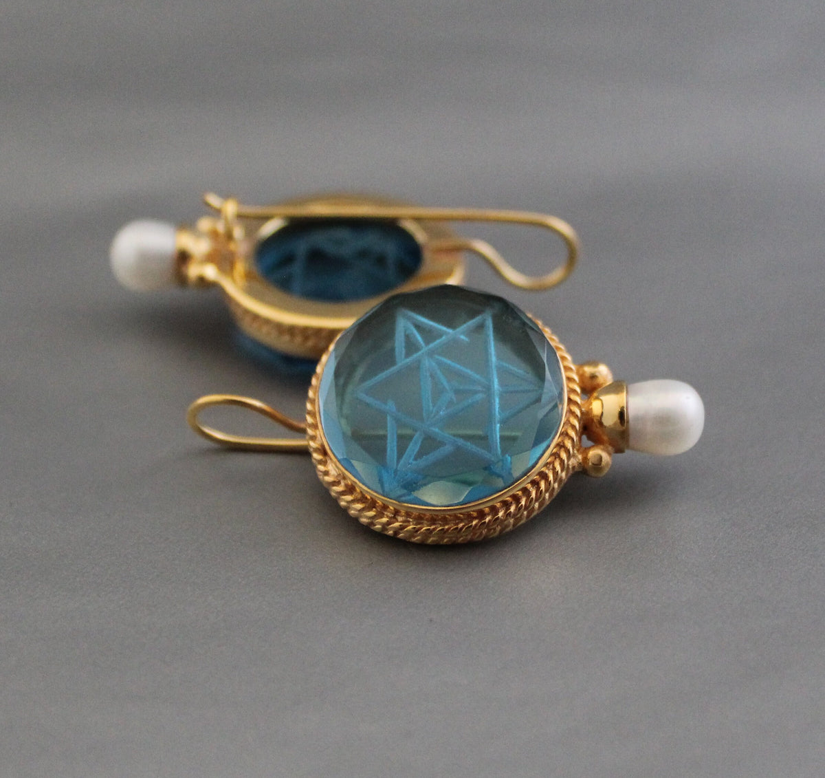 Blue Merkaba Intaglio Earrings, Victorian Pearl Style, Gold, photo 4