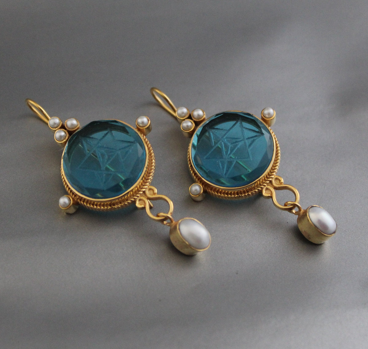 Blue Merkaba Earrings, Sacred Geometry, Victorian Pearl Dangles, photo 7