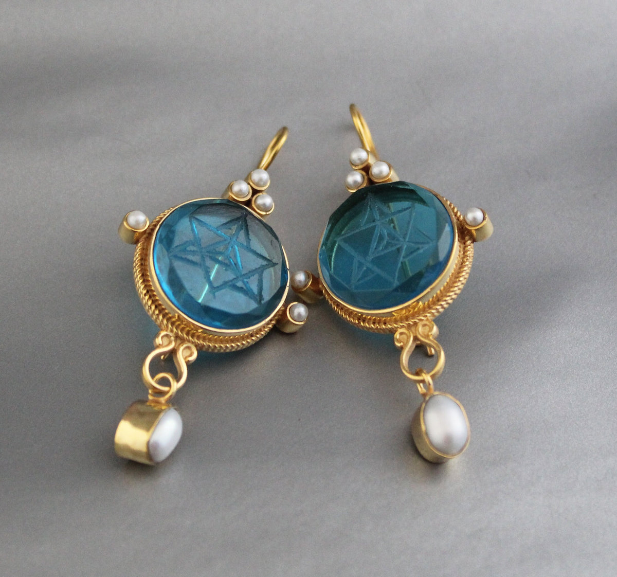 Blue Merkaba Earrings, Sacred Geometry, Victorian Pearl Dangles, photo 5