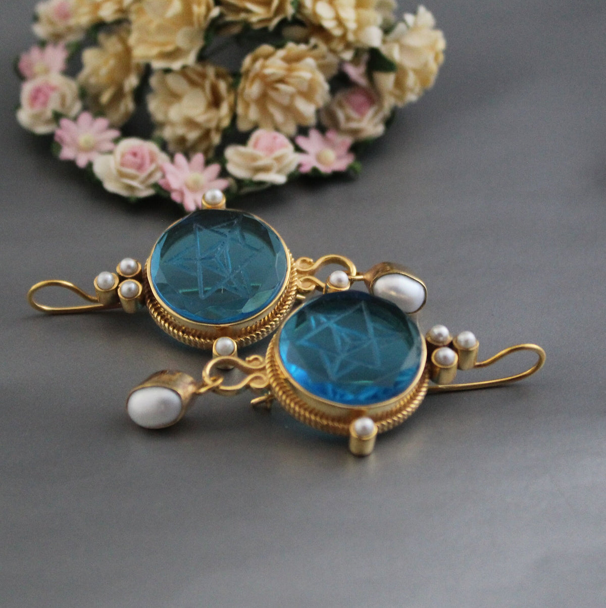 Blue Merkaba Earrings, Sacred Geometry, Victorian Pearl Dangles