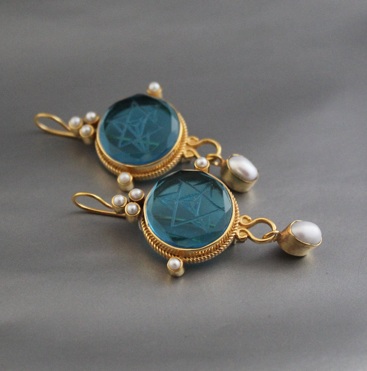 Blue Merkaba Earrings, Sacred Geometry, Victorian Pearl Dangles, photo 8