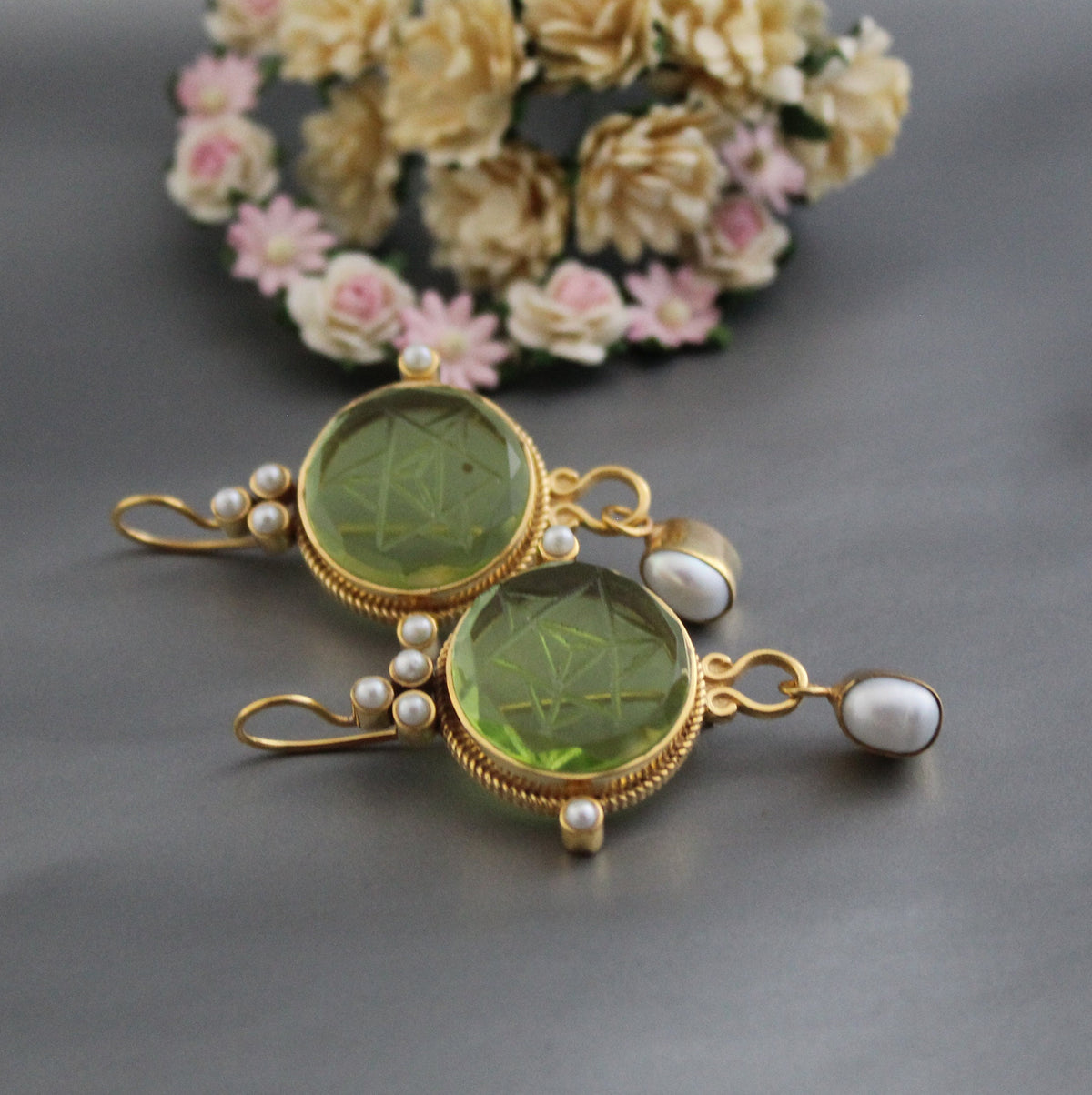 Green Merkaba Intaglio Earrings, Sacred Geometry, Gold Plated with Pearls, photo 8