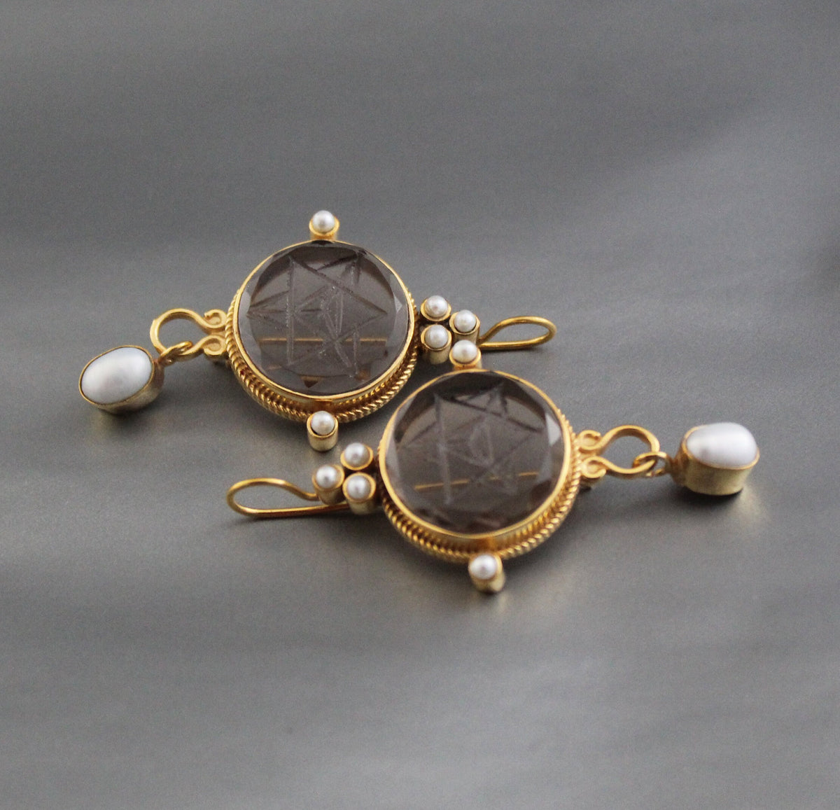 Brown Merkaba Intaglio Earrings, Victorian Style, Gold with Pearls, photo 9