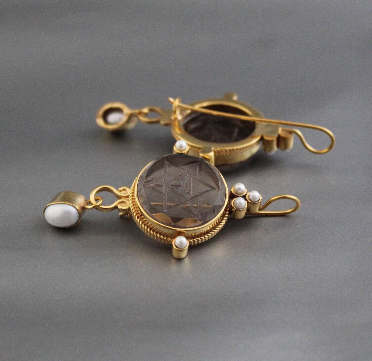 Brown Merkaba Intaglio Earrings, Victorian Style, Gold with Pearls, photo 8
