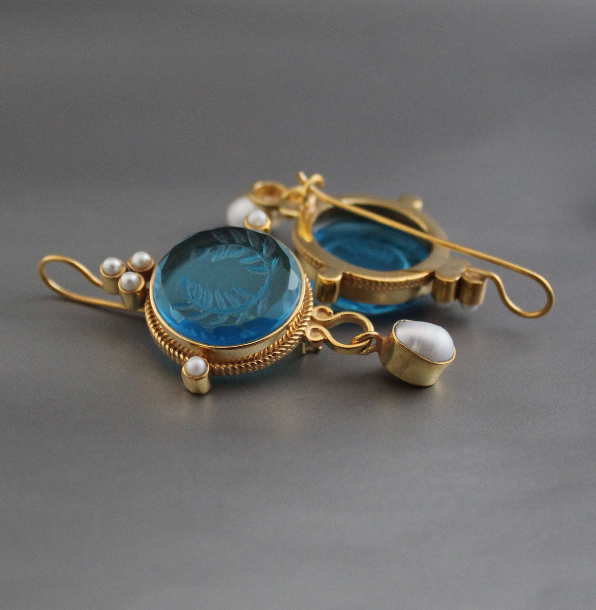Blue Glass Intaglio Dangle Earrings, Bridal Pearl Drops, Gold Vermeil, photo 8