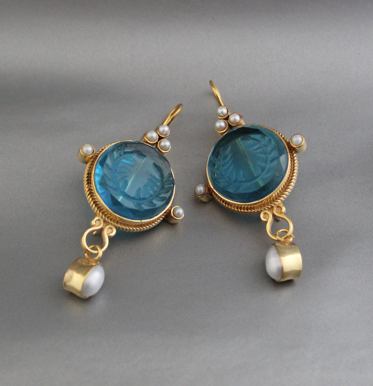 Blue Glass Intaglio Dangle Earrings, Bridal Pearl Drops, Gold Vermeil, photo 9