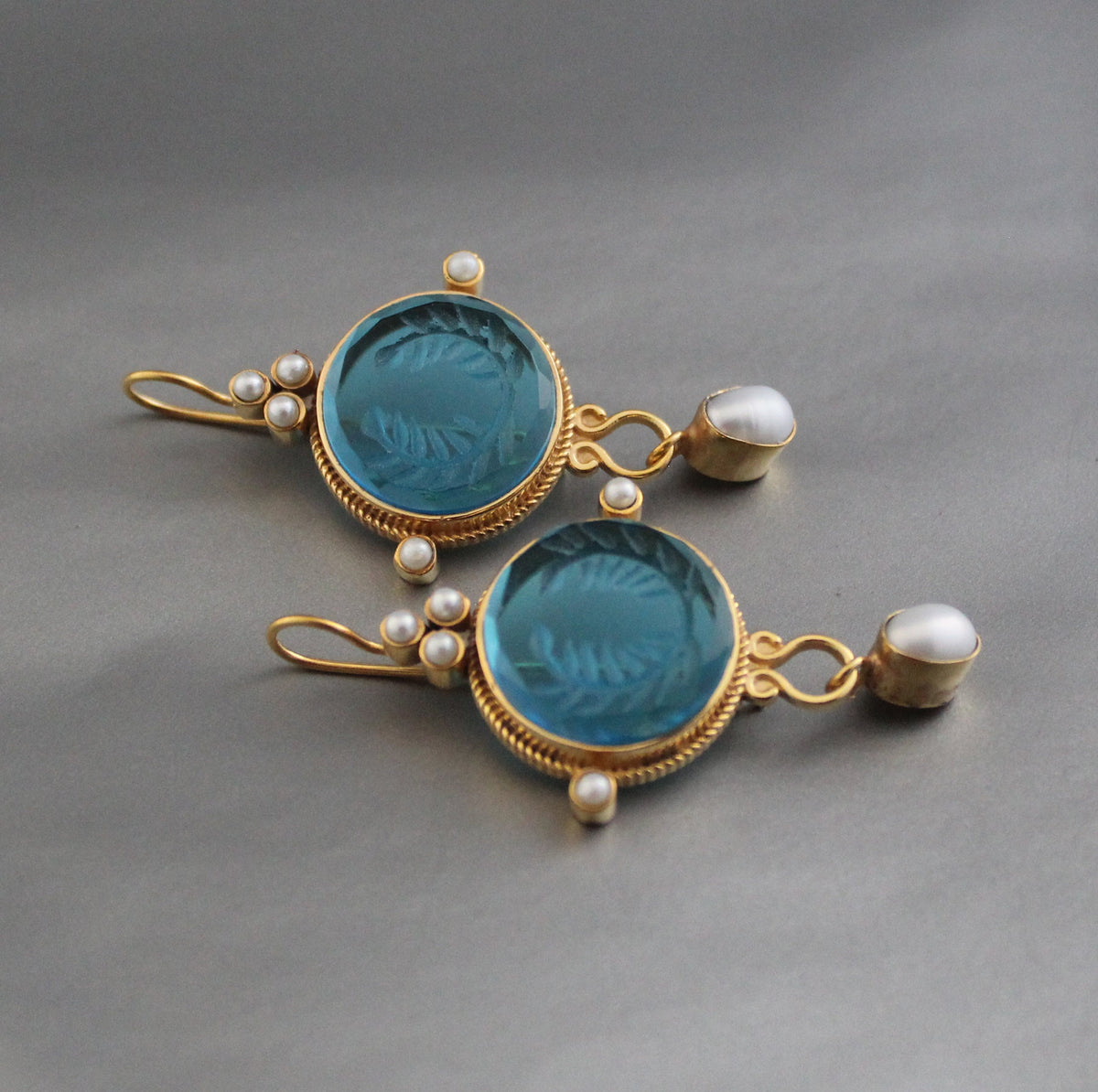 Blue Glass Intaglio Dangle Earrings, Bridal Pearl Drops, Gold Vermeil, photo 10