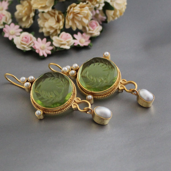 Laurel Wreath Intaglio Earrings, Gold Chandelier with Pearls