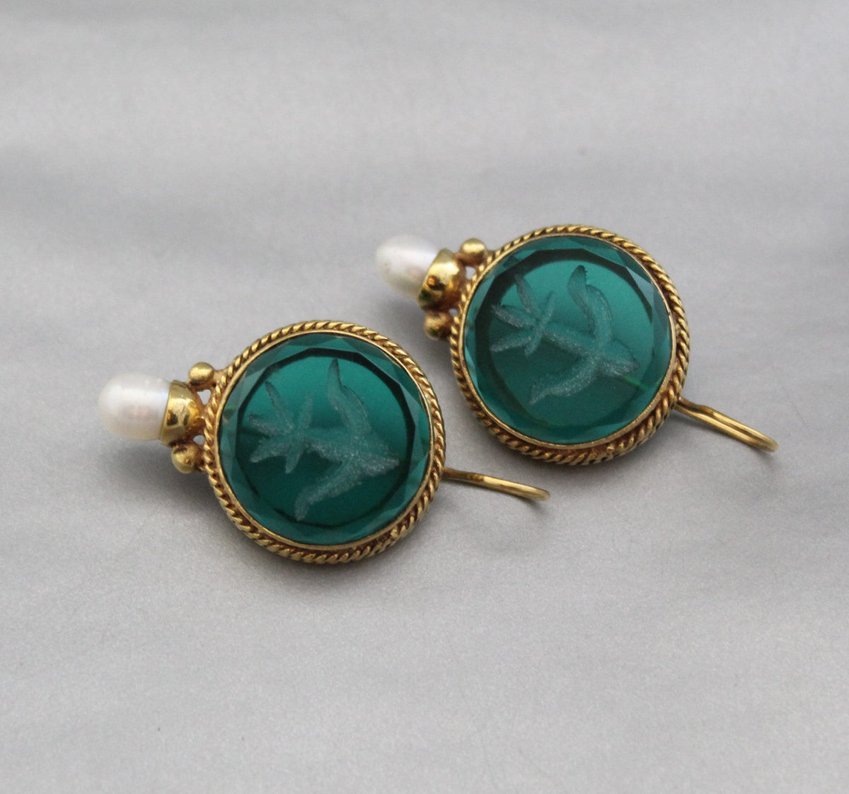 Green Glass Intaglio Earrings, Victorian Brass with Pearl, photo 2