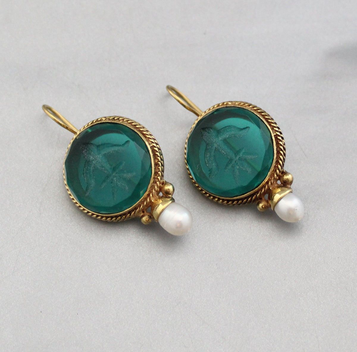Green Glass Intaglio Earrings, Victorian Brass with Pearl, photo 6