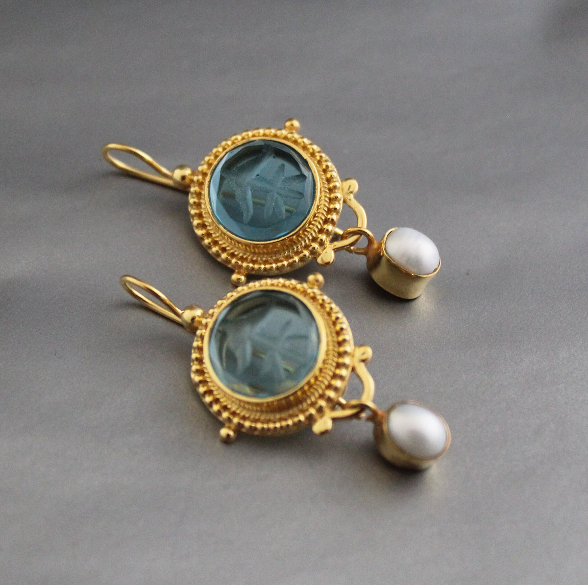 Blue Quartz Intaglio Earrings, Pearl Drops, Gold, photo 5
