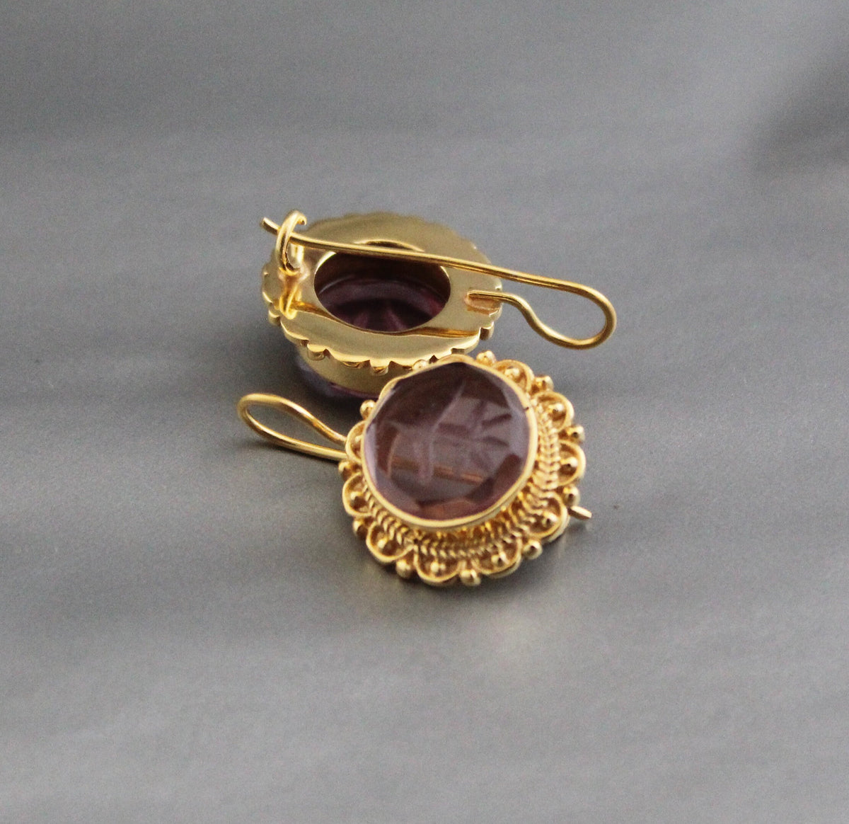 Purple Intaglio Earrings, Victorian Dangles, photo 2