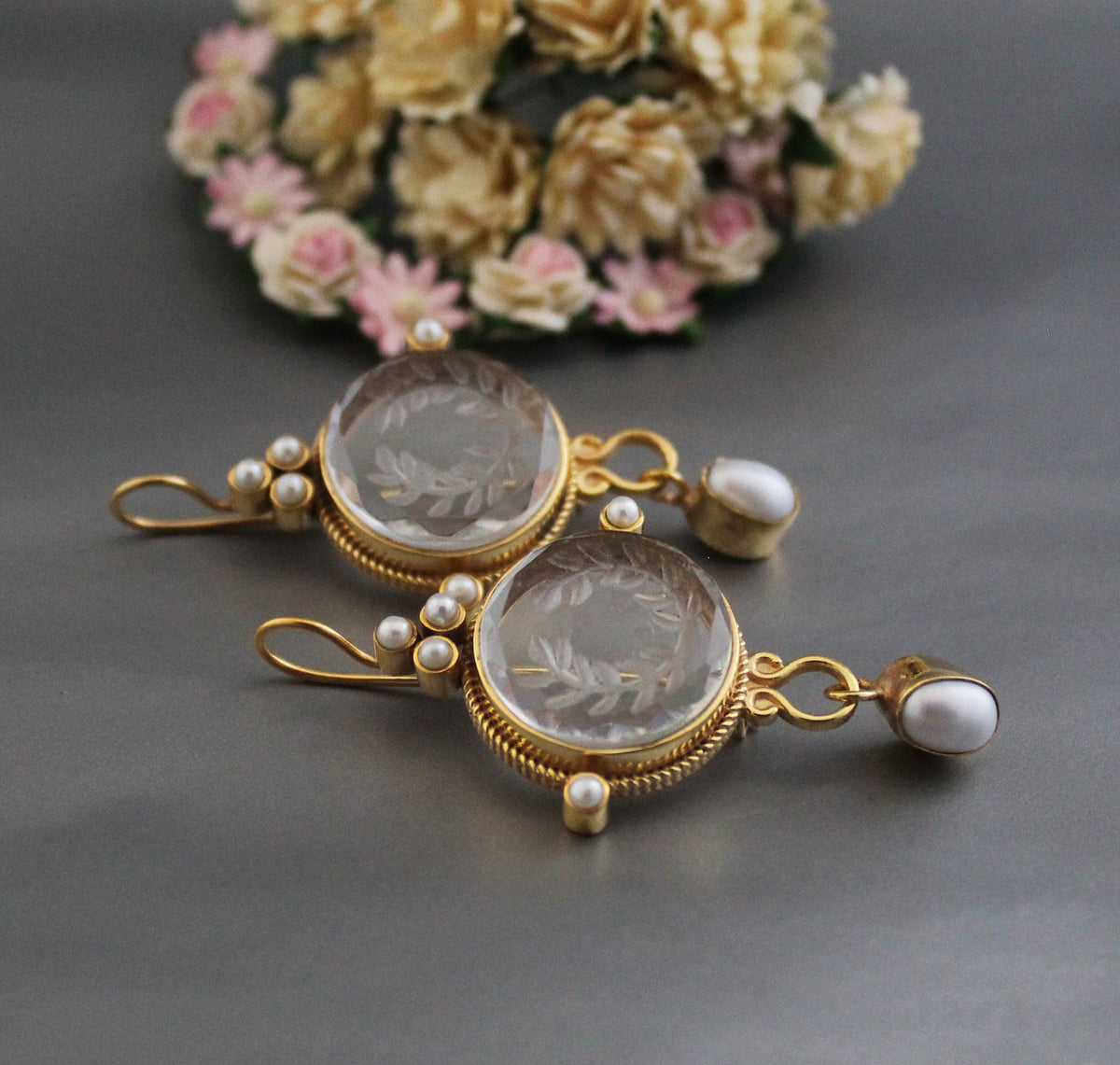 Clear Crystal Laurel Wreath Intaglio Earrings, Gold Chandelier Style, photo 8