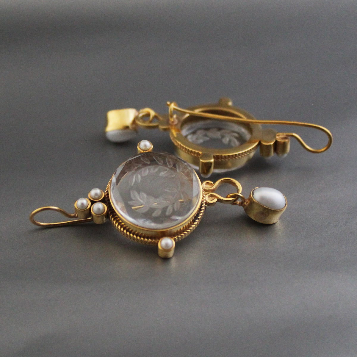 Clear Laurel Wreath Intaglio Pendant and Earrings Set, Gold Chandelier, photo 9