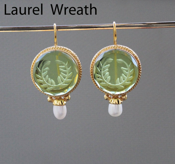 Green Laurel Wreath Intaglio Earrings, Vintage Style, Gold Vermeil
