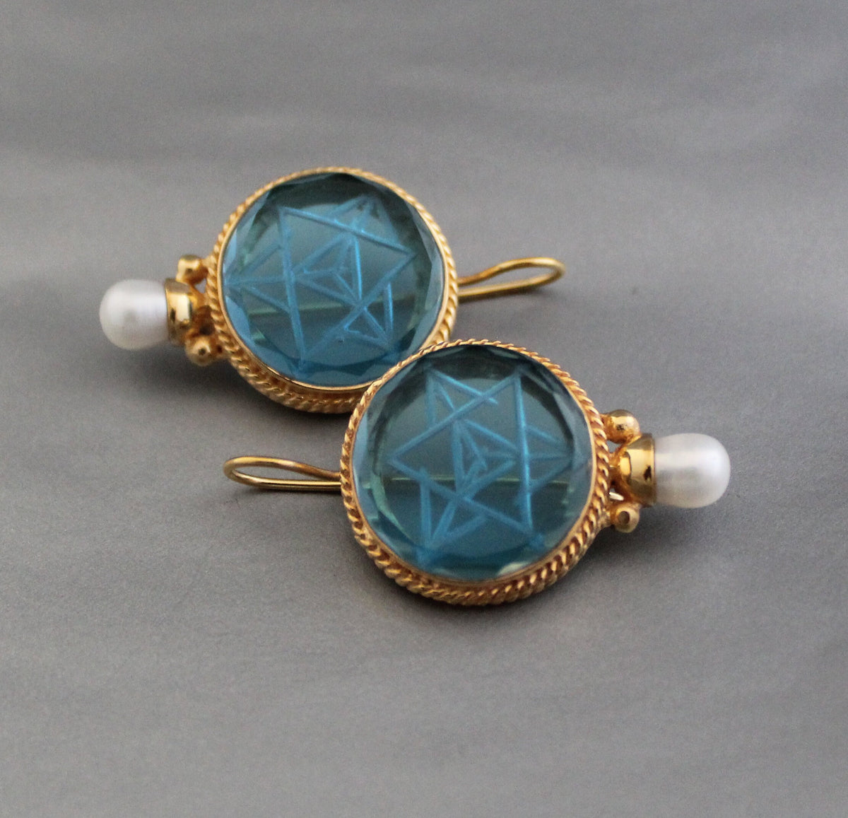 Blue Merkaba Intaglio Earrings, Victorian Pearl Style, Gold, photo 9