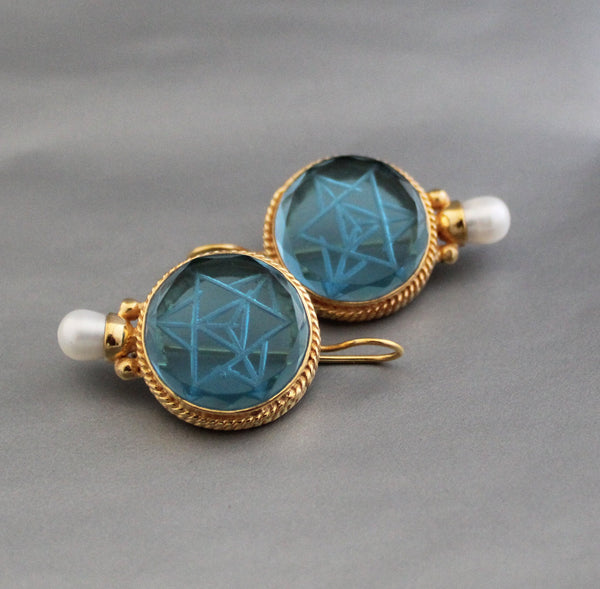 Blue Merkaba Intaglio Earrings, Victorian Pearl Style, Gold