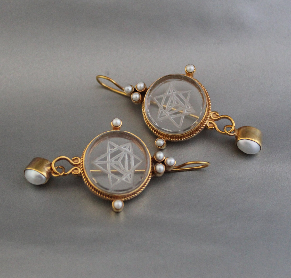 Clear Merkaba Intaglio Earrings, Sacred Geometry, Gold Plated with Pearls