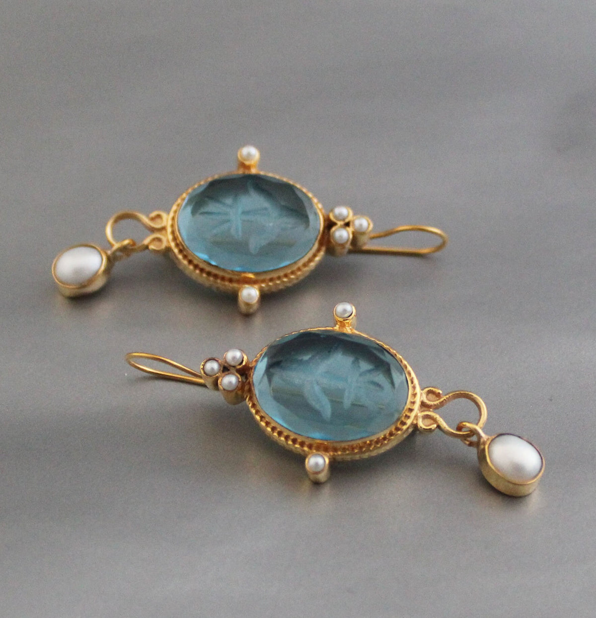 Blue Glass Intaglio Earrings, Edwardian Style, 18K Gold Vermeil, photo 2