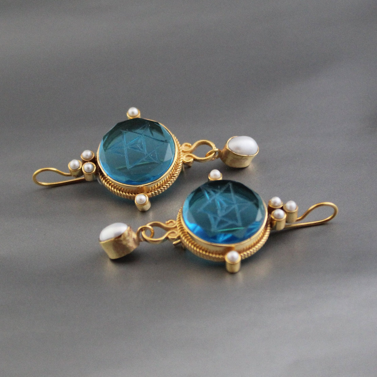 Blue Merkaba Earrings, Sacred Geometry, Victorian Pearl Dangles, photo 4