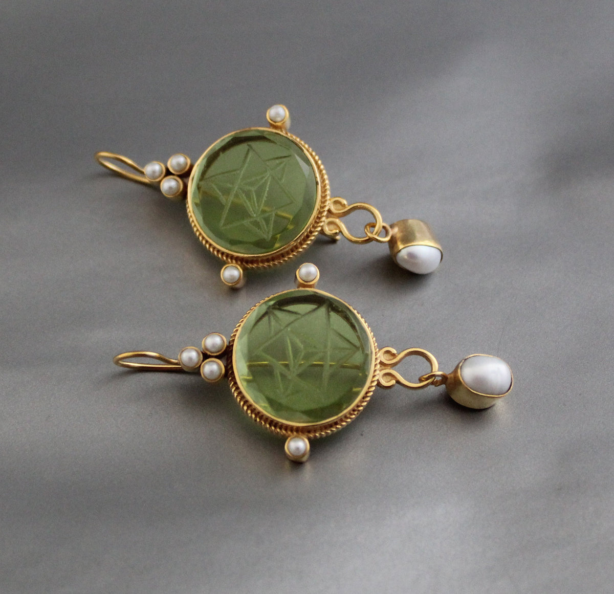 Green Merkaba Intaglio Earrings, Sacred Geometry, Gold Plated with Pearls, photo 9