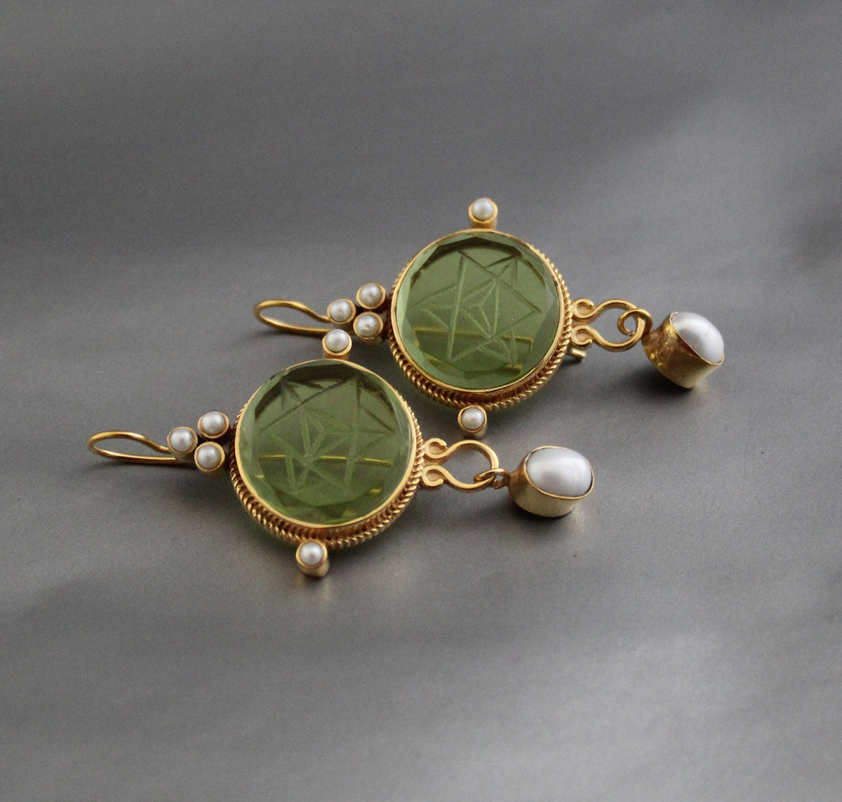 Green Merkaba Intaglio Earrings, Sacred Geometry, Gold Plated with Pearls, photo 2
