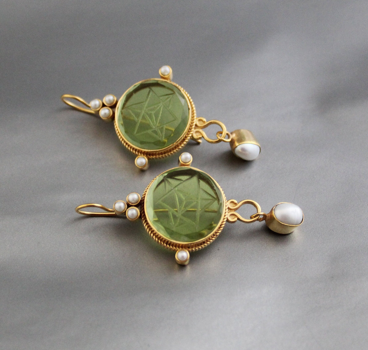 Green Merkaba Intaglio Earrings, Sacred Geometry, Gold Plated with Pearls, photo 4