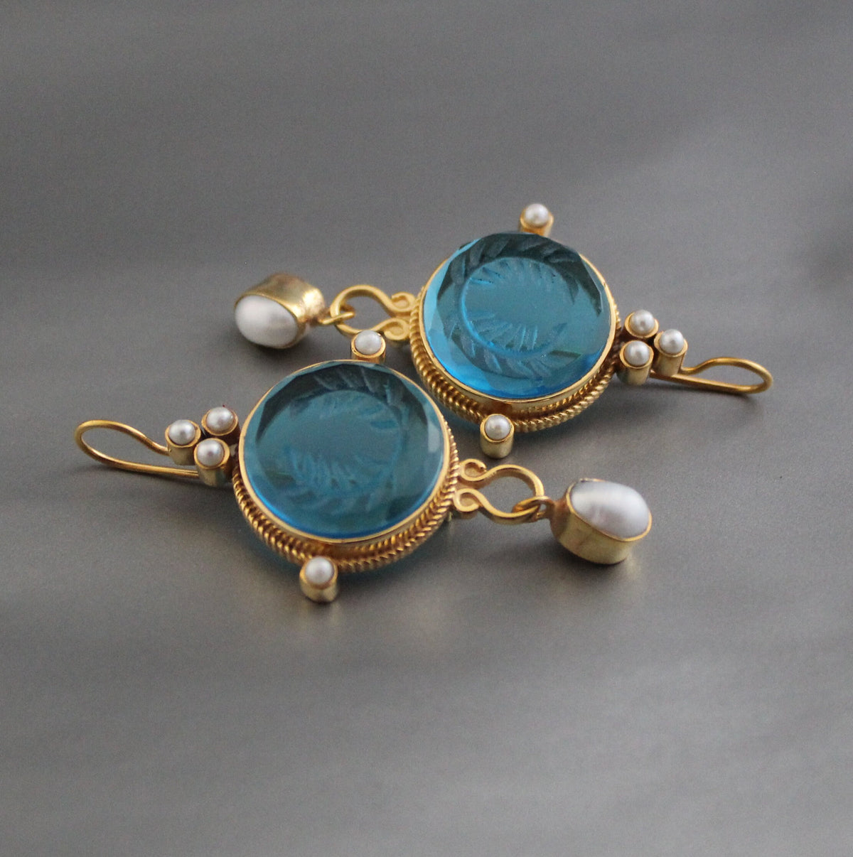 Blue Glass Intaglio Dangle Earrings, Bridal Pearl Drops, Gold Vermeil, photo 4