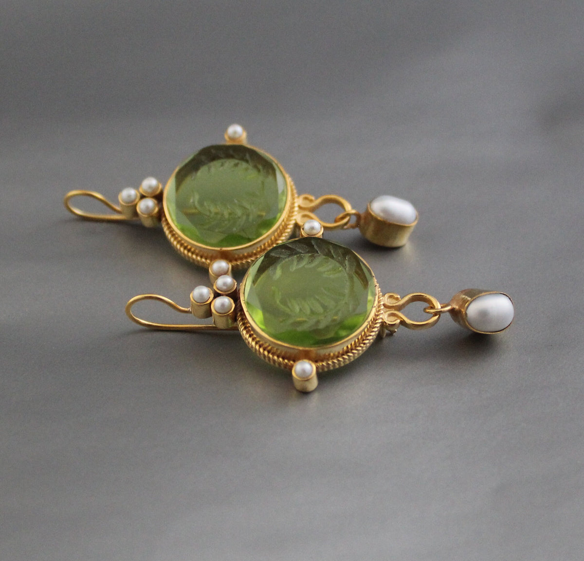 Laurel Wreath Intaglio Earrings, Gold Chandelier with Pearls, photo 4