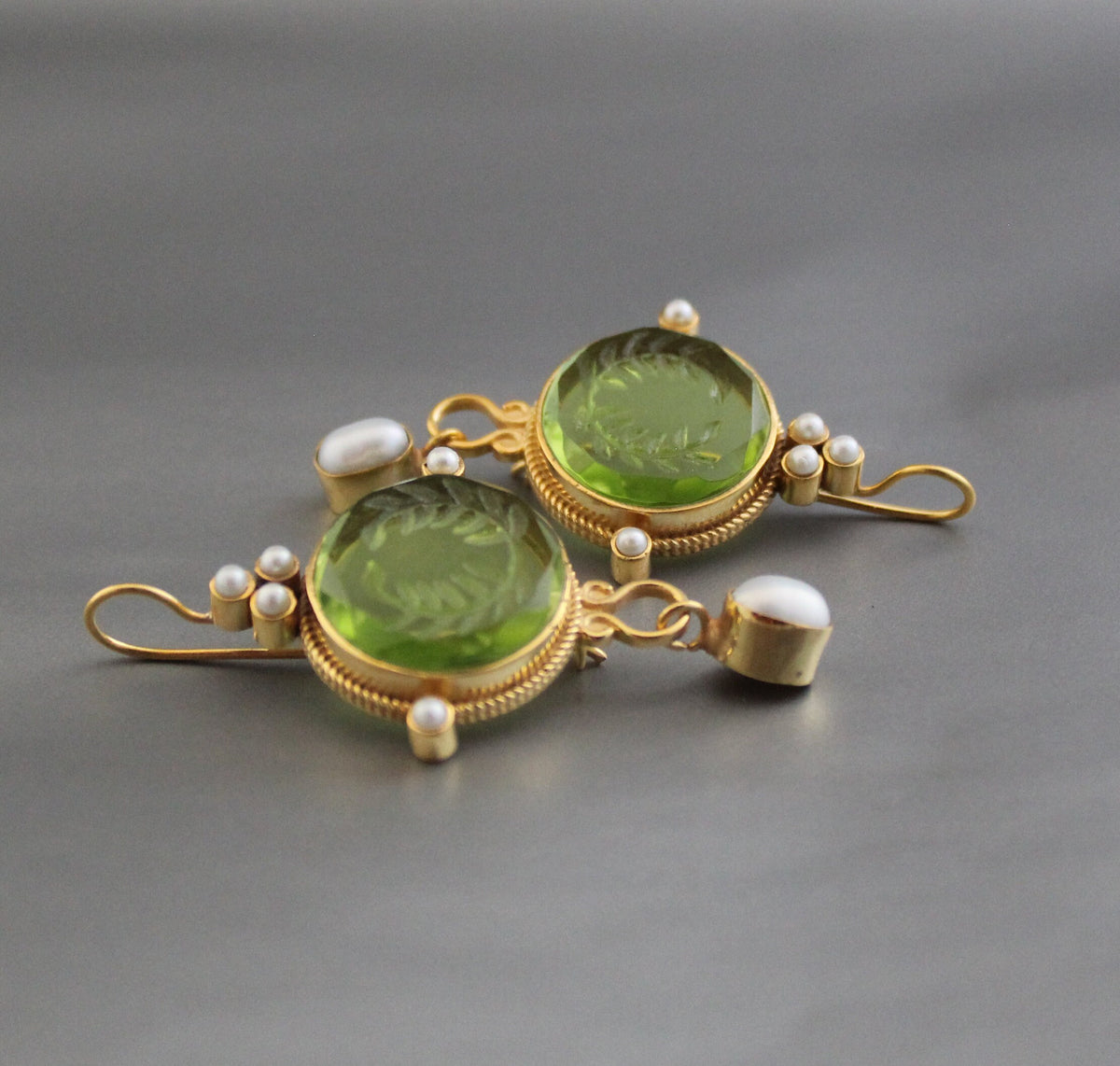 Laurel Wreath Intaglio Earrings, Gold Chandelier with Pearls, photo 7