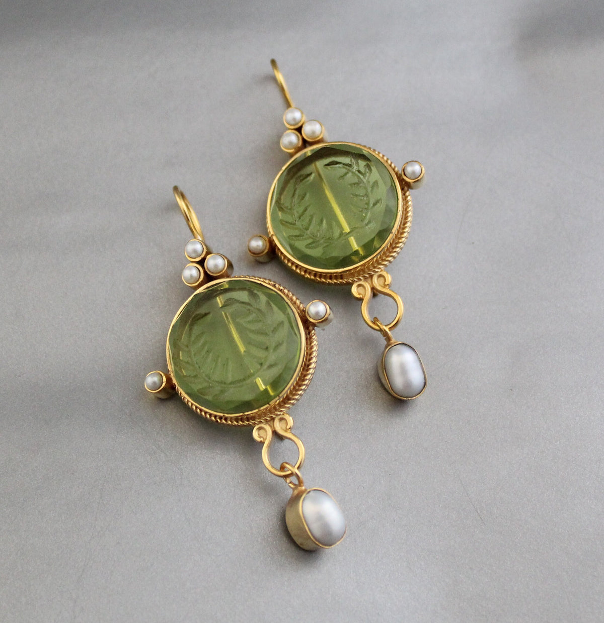 Laurel Wreath Intaglio Earrings, Gold Chandelier with Pearls, photo 8