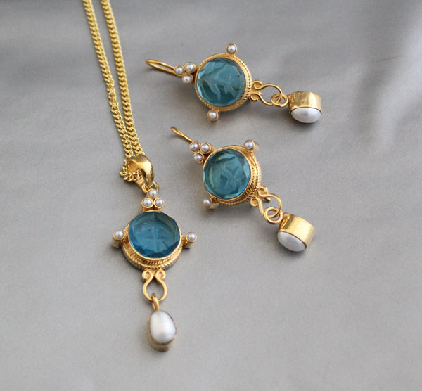 Blue Glass Intaglio Necklace Set, Edwardian Style with Pearl