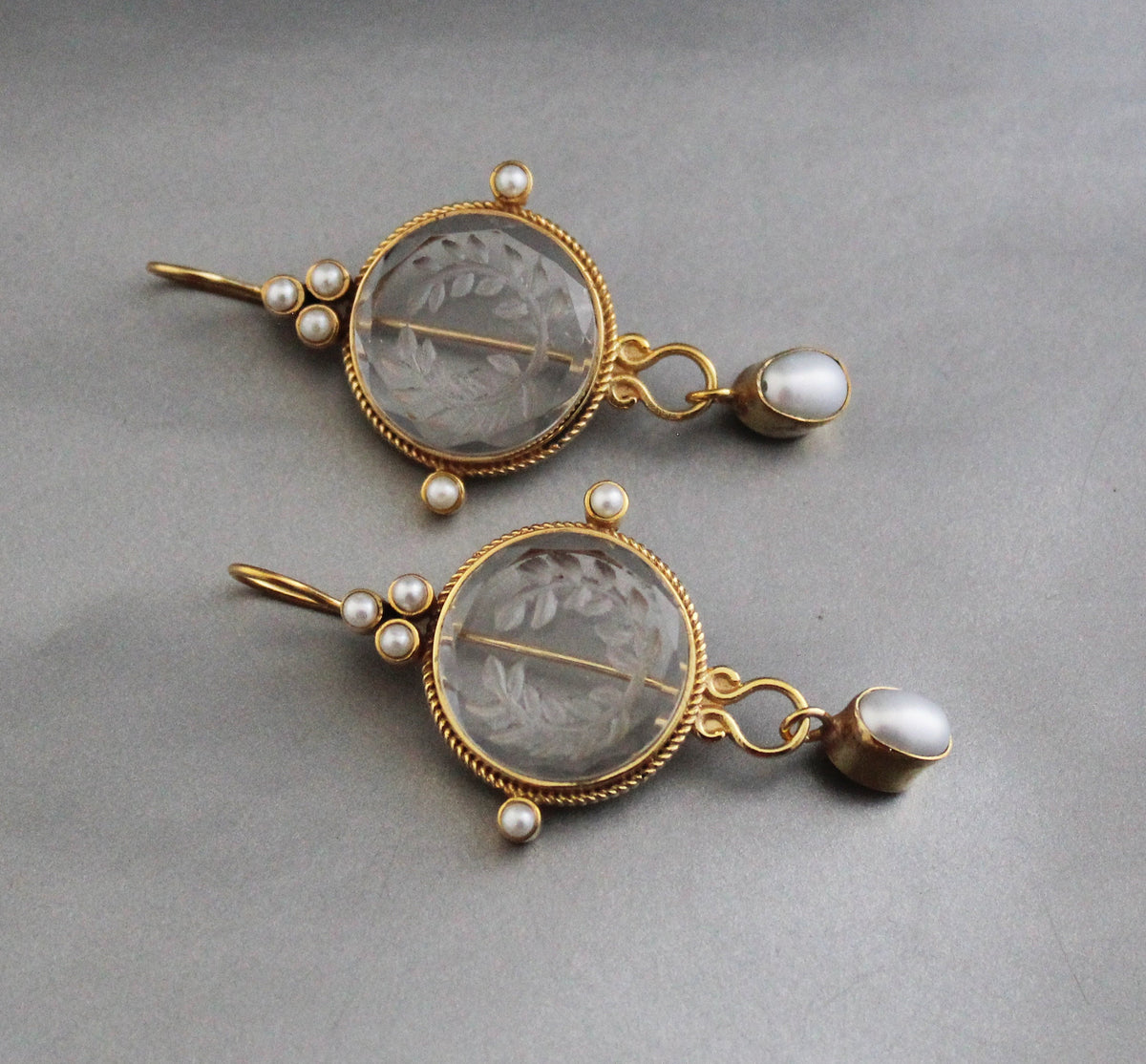 Clear Crystal Laurel Wreath Intaglio Earrings, Gold Chandelier Style, photo 6